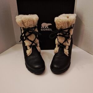 Sorel Black Leather With Suedr and Cream Shearling Wedge Boots